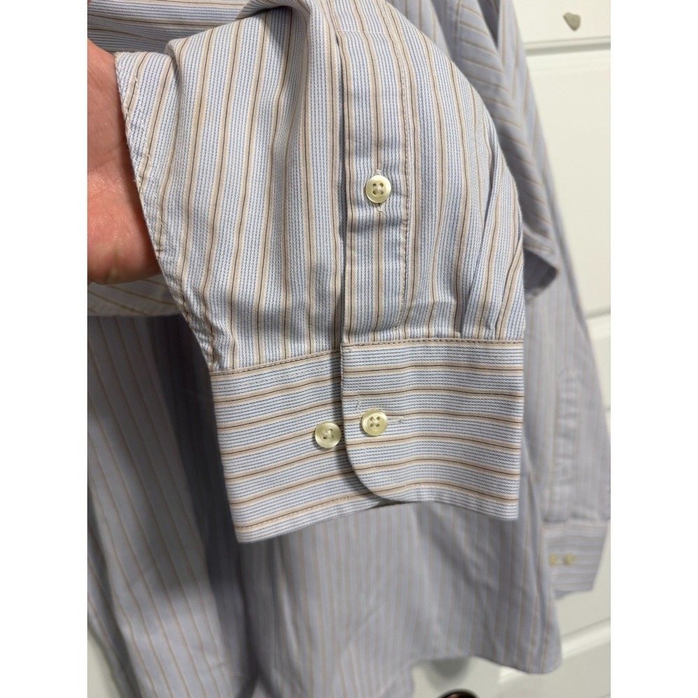 Chaps Button Down Shirt Mens 18-18.5 34/35 Blue Tan Striped Classic Fit Twill - Picture 5 of 9